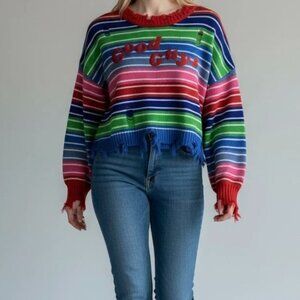 Chucky Good Guys Distressed Striped Sweater Horror Graphic Pullover Y2K Grunge L